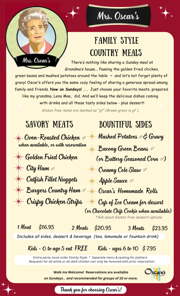 Mrs. Oscar’s Family Style Country Meals. There’s nothing like sharing a Sunday meal at Grandma’s house… Passing the golden fried chicken, green beans and mashed potatoes around the table ~ and let’s not forget plenty of gravy! Oscar’s offers you the same cozy feeling of sharing a generous spread among family and friends. Now on Sundays! … Just choose your favorite meats, prepared like my grandma, Lena Mae, did. And we’ll keep the delicious dishes coming with drinks and all these tasty sides below – plus dessert! Gluten free items are marked as ‘gf’ (Brown gravy is gf). Savory Meats: Oven-Roasted Chicken gf (when available, or with reservation). Golden Fried Chicken. City Ham gf. Catfish Fillet Nuggets. Burgers Country Ham gf. Crispy Chicken Strips. Bountiful Sides: Mashed Potatoes & Gravy. Bacony Green Beans (or Buttery Seasoned Corn gf). Creamy Cole Slaw gf. Apple Sauce gf. Oscar’s Homemade Rolls. Cup of Ice Cream for dessert (or Chocolate Chip Cookie when available). *Ask about gluten free dessert options. Prices: 1 Meat $16.95. 2 Meats $20.95. 3 Meats $23.95. Includes all sides, dessert & beverage (tea, lemonade or fountain drink). Kids – 0 to age 5 eat FREE. Kids – ages 6 to 10 $7.95. Entire party must order Family Style. Separate menu & seating for platters. Requests for all white or all dark chicken can only be honored with prior reservation. Walk-ins Welcome! Reservations are available on Sundays, and recommended for groups of 10 or more. Thank you for choosing Oscar’s!