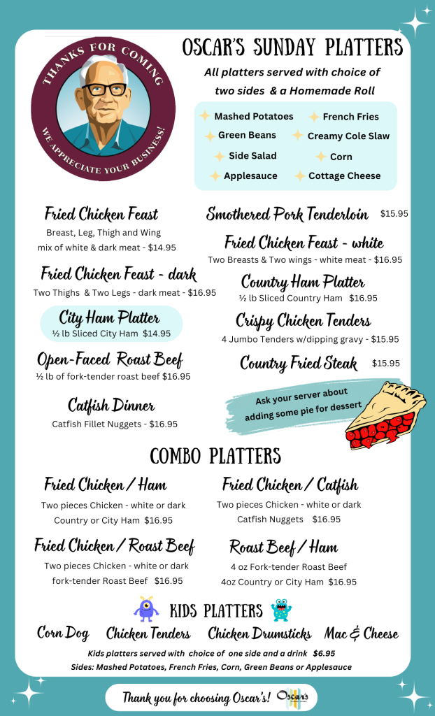 Oscar’s Sunday Platters. All platters served with choice of two sides & a Homemade Roll. Sides: Mashed Potatoes, French Fries, Green Beans, Creamy Cole Slaw, Side Salad, Corn, Applesauce, Cottage Cheese. Fried Chicken Feast – Breast, Leg, Thigh and Wing, mix of white & dark meat – $14.95. Fried Chicken Feast – dark – Two Thighs & Two Legs – dark meat – $16.95. City Ham Platter – ½ lb Sliced City Ham – $14.95. Open-Faced Roast Beef – ½ lb of fork-tender roast beef – $16.95. Catfish Dinner – Catfish Fillet Nuggets – $16.95. Smothered Pork Tenderloin – $15.95. Fried Chicken Feast – white – Two Breasts & Two wings – white meat – $16.95. Country Ham Platter – ½ lb Sliced Country Ham – $16.95. Crispy Chicken Tenders – 4 Jumbo Tenders w/ dipping gravy – $15.95. Country Fried Steak – $15.95. Ask your server about adding some pie for dessert. Combo Platters: Fried Chicken / Ham – Two pieces Chicken – white or dark – Country or City Ham – $16.95. Fried Chicken / Catfish – Two pieces Chicken – white or dark – Catfish Nuggets – $16.95. Fried Chicken / Roast Beef – Two pieces Chicken – white or dark – fork-tender Roast Beef – $16.95. Roast Beef / Ham – 4 oz Fork-tender Roast Beef – 4 oz Country or City Ham – $16.95. Kids Platters: Corn Dog, Chicken Tenders, Chicken Drumsticks, Mac & Cheese. Kids platters served with choice of one side and a drink – $6.95. Sides: Mashed Potatoes, French Fries, Corn, Green Beans or Applesauce. Thank you for choosing Oscar’s!